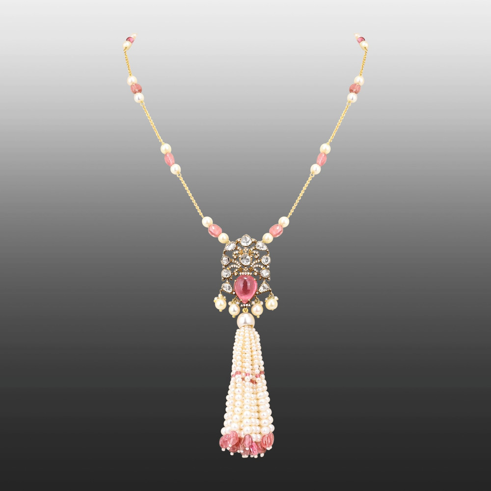 Tourmaline Pendant Necklace with Pearl Tassel and Polkis