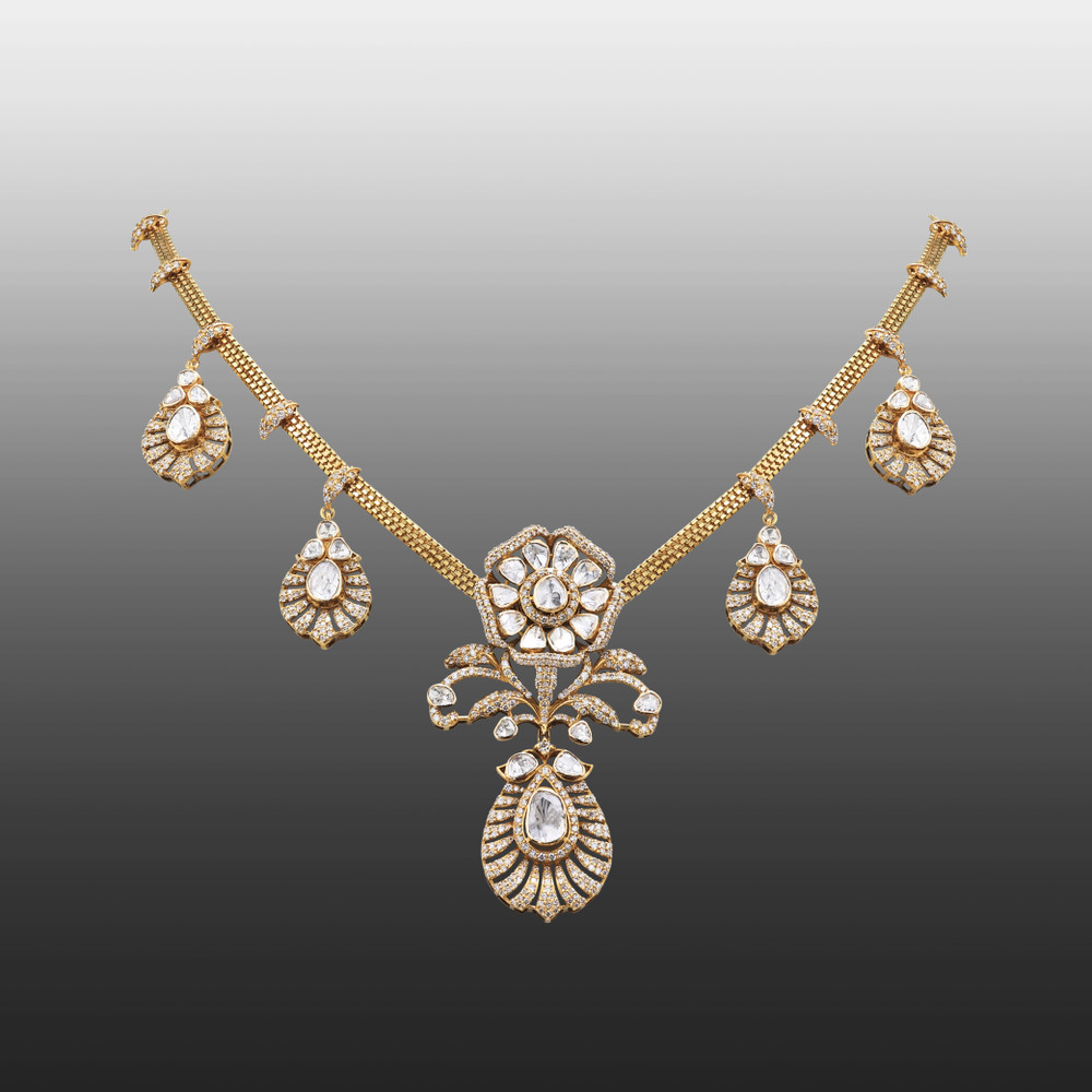 Antique Style Polki and Diamond Pendant Necklace