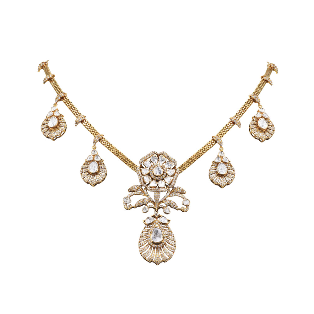 Antique Style Polki and Diamond Pendant Necklace