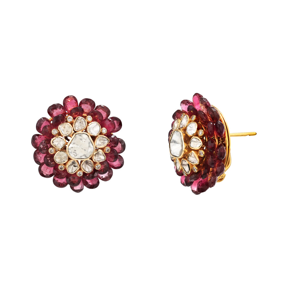 Tourmaline Floral Stud with Polki Diamonds