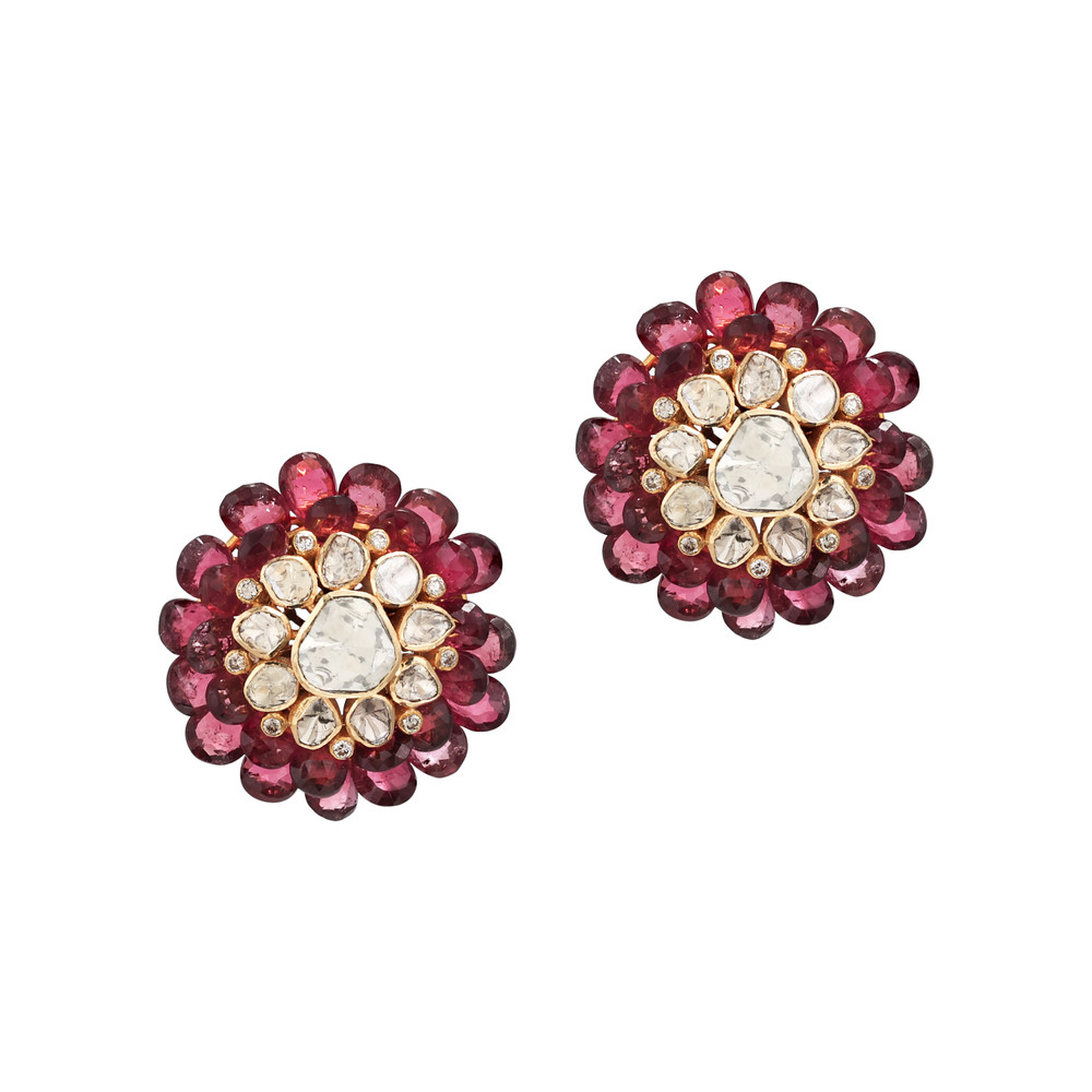 Tourmaline Floral Stud with Polki Diamonds