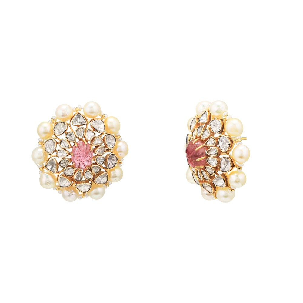 Pink Carved Tourmaline Polki Stud with Natural Pearls