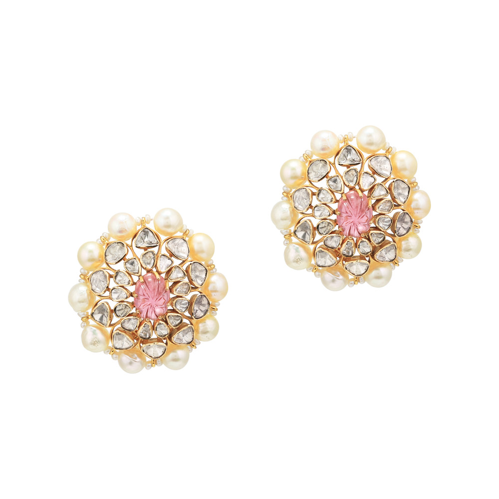 Pink Carved Tourmaline Polki Stud with Natural Pearls