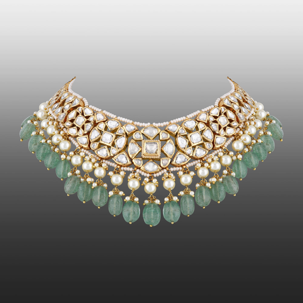 Floral Polki Necklace with Emerald Maniya and Pearls