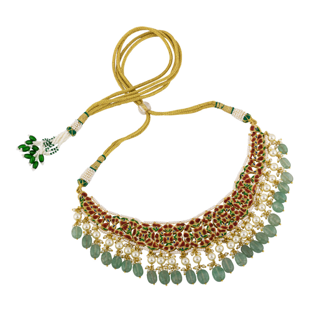 Floral Polki Necklace with Emerald Maniya and Pearls
