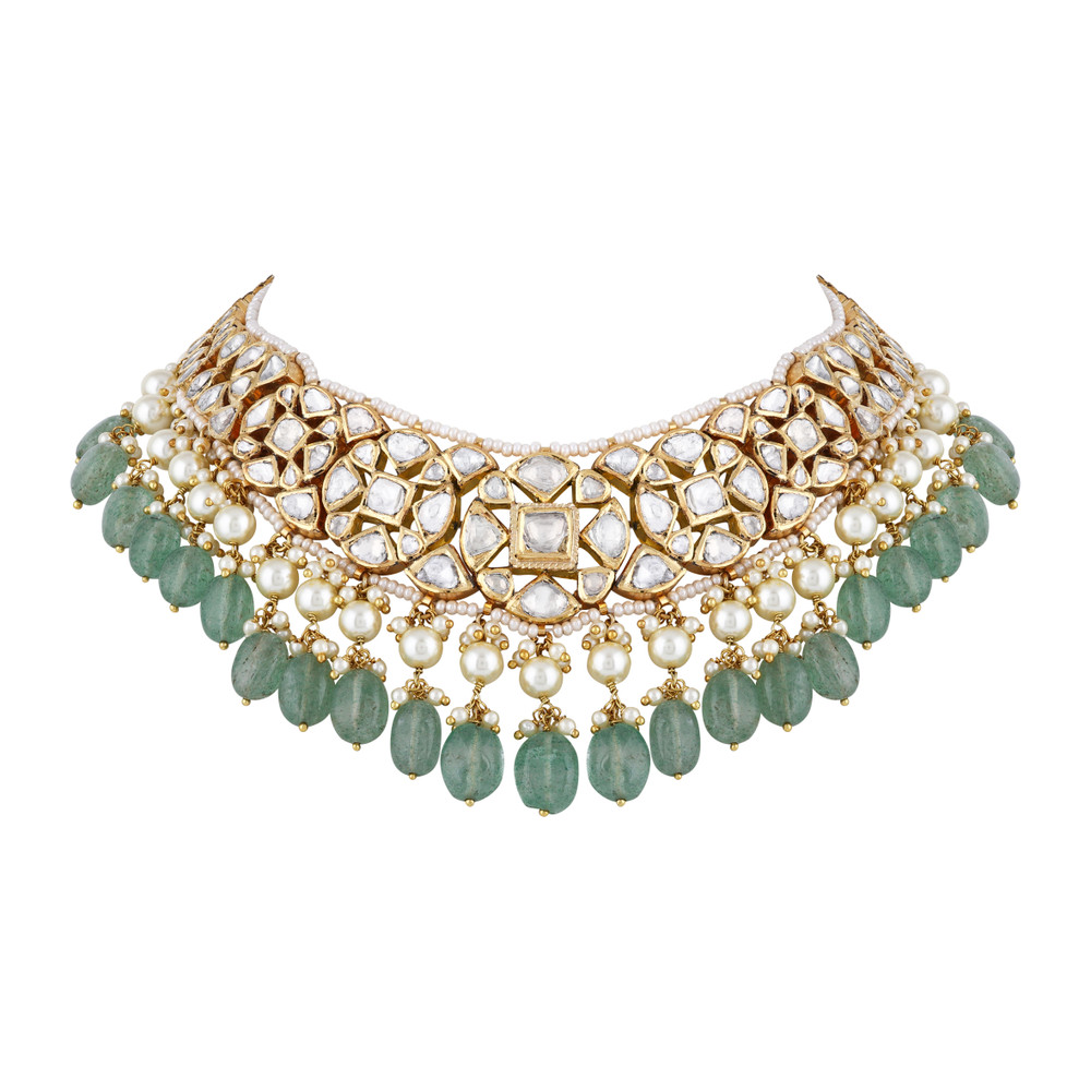 Floral Polki Necklace with Emerald Maniya and Pearls