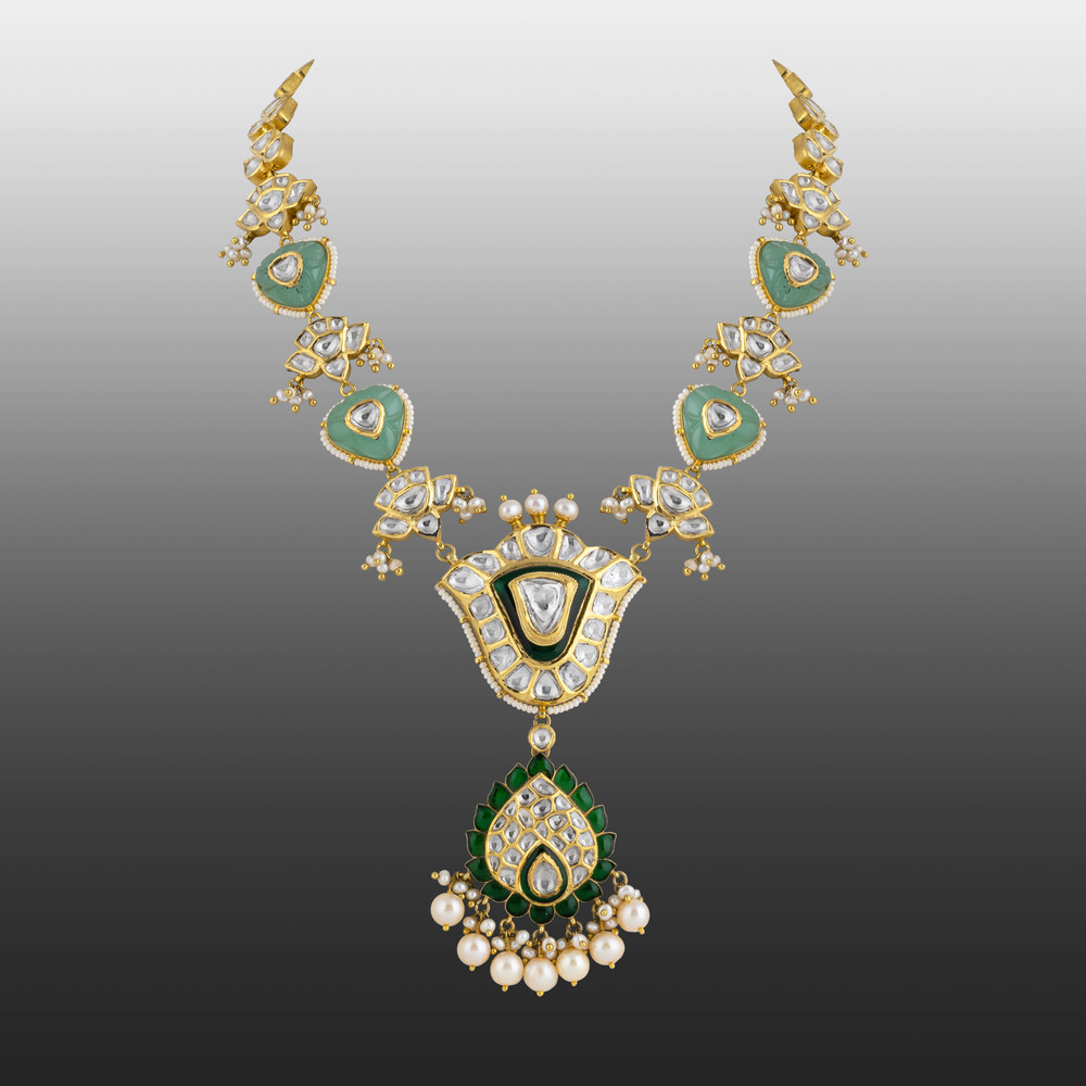 Teardrop Polki Necklace with Green Talaf Stones, Carved Emerald and Pearls