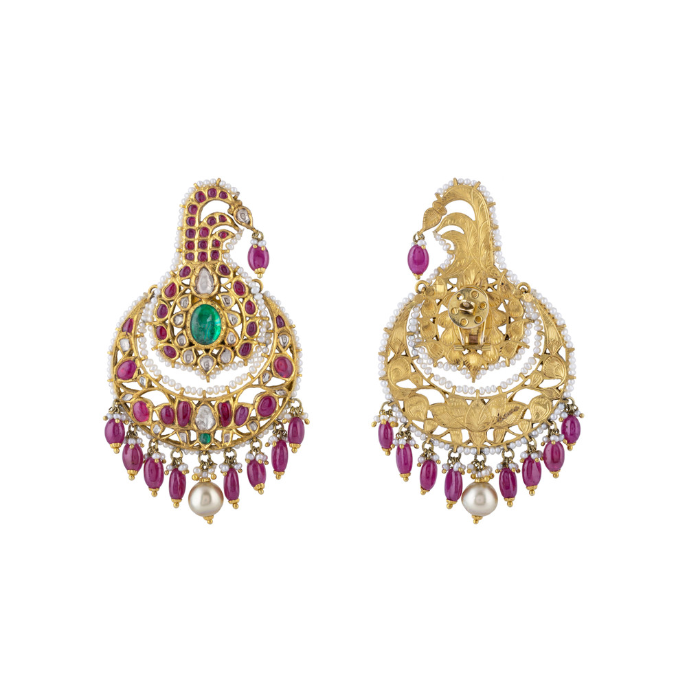 Uncut Diamond Polki Cuff Earring with Pink Talaf , Emerald & Pearls