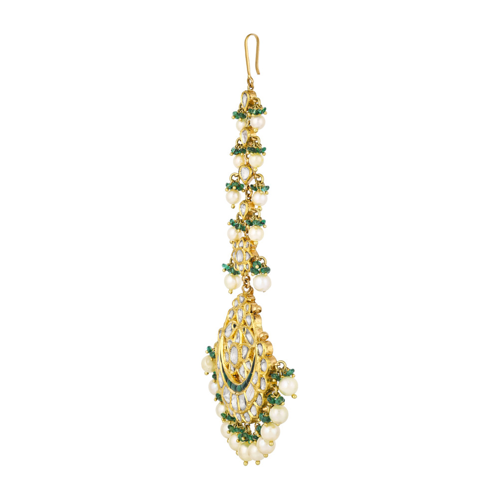 Polki Maangtikka with Green Enamel, Emeralds & Pearls