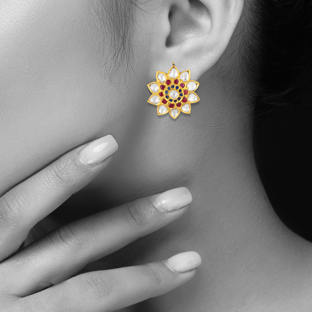Floral Polki Studs with Red-Blue Talaf & Polki Petals