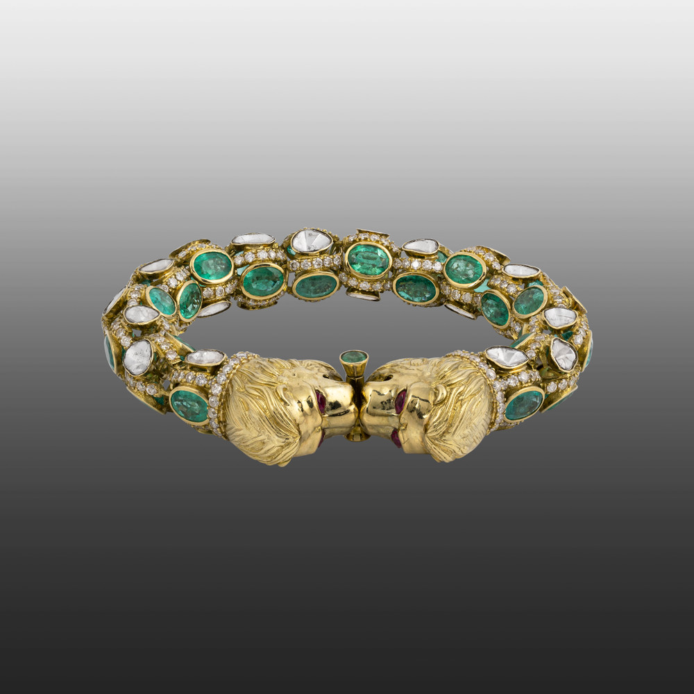 Antique Regal Sutarla Bracelet with Cut Emerald, Polki & Lion Heads