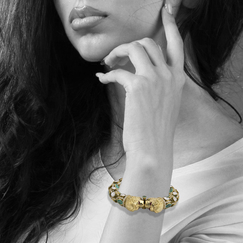 Antique Regal Sutarla Bracelet with Cut Emerald, Polki & Lion Heads