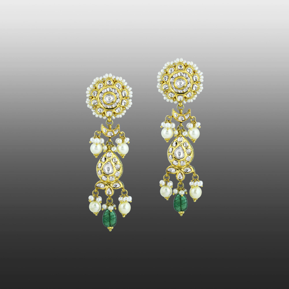 Polki Necklace Set with Emerald Drops and Pearl Strands