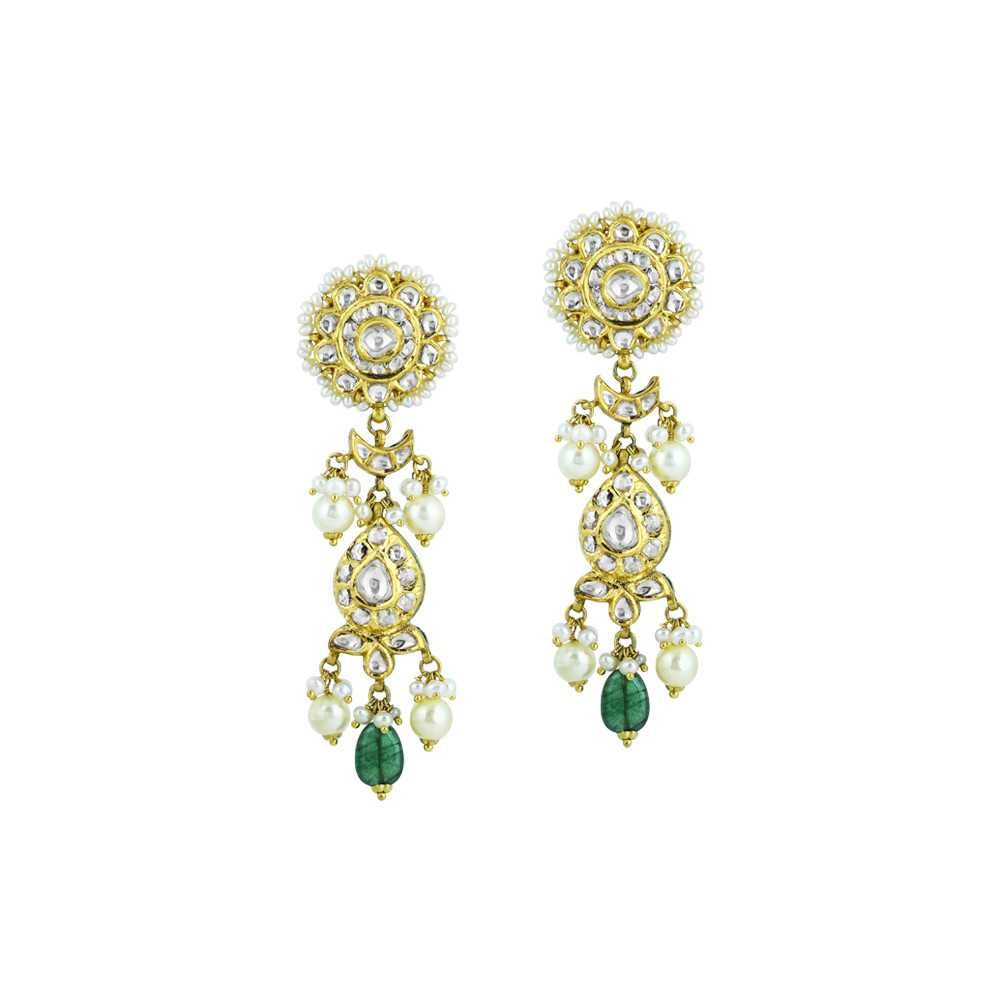 Polki Necklace Set with Emerald Drops and Pearl Strands