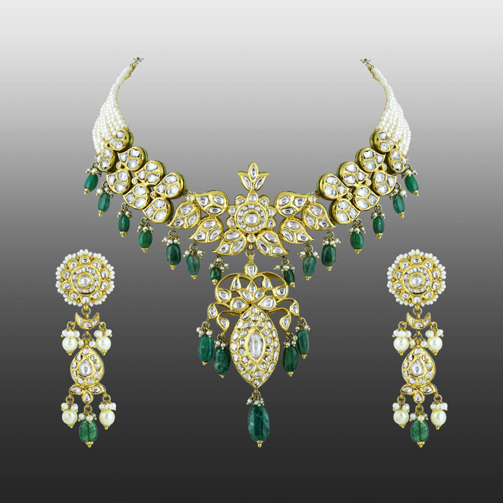 Polki Necklace Set with Emerald Drops and Pearl Strands