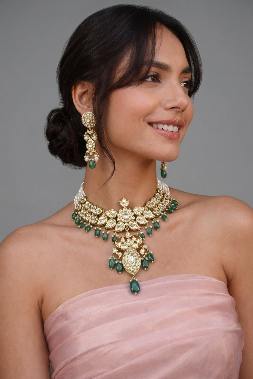 Polki Necklace Set with Emerald Drops and Pearl Strands