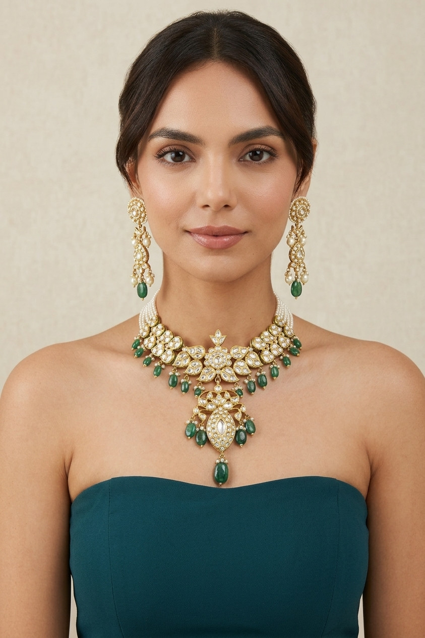 Polki Necklace Set with Emerald Drops and Pearl Strands