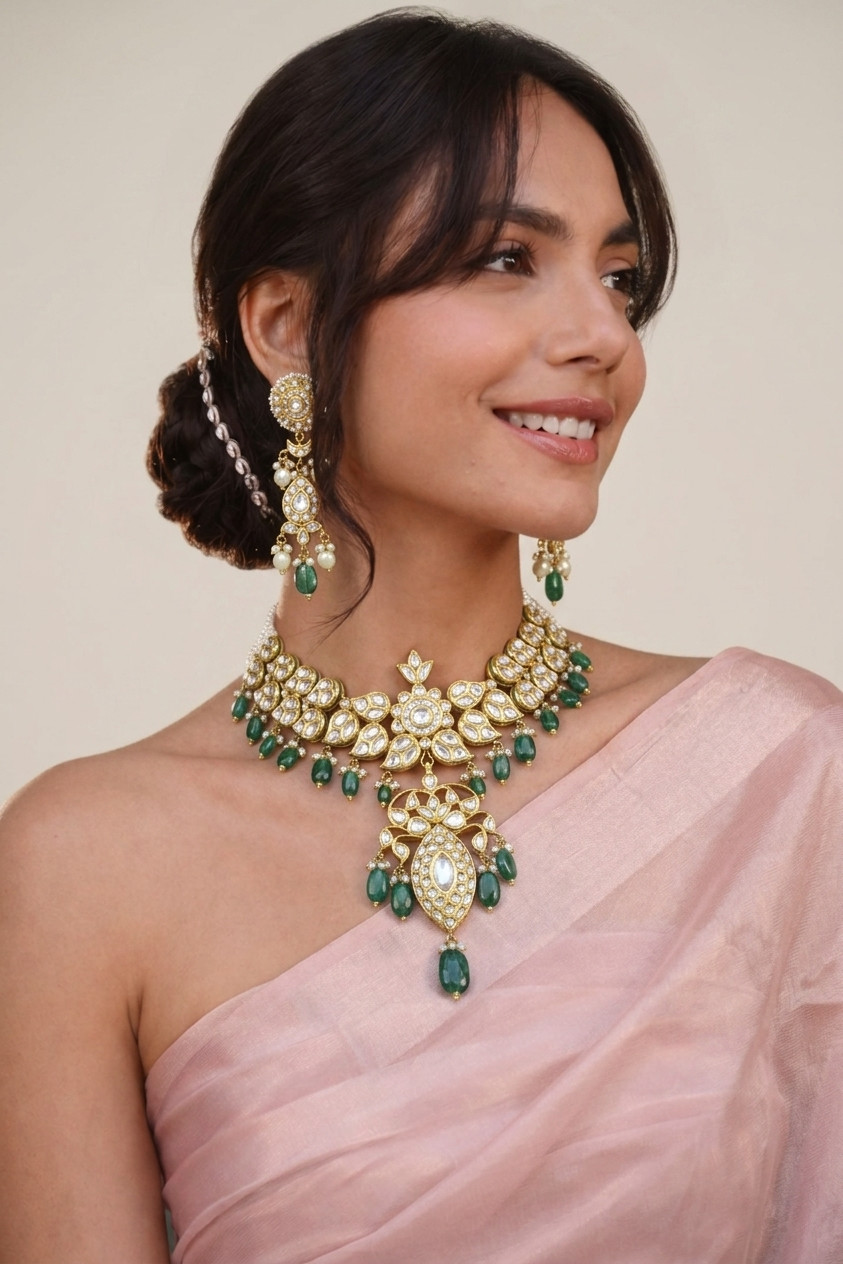 Polki Necklace Set with Emerald Drops and Pearl Strands