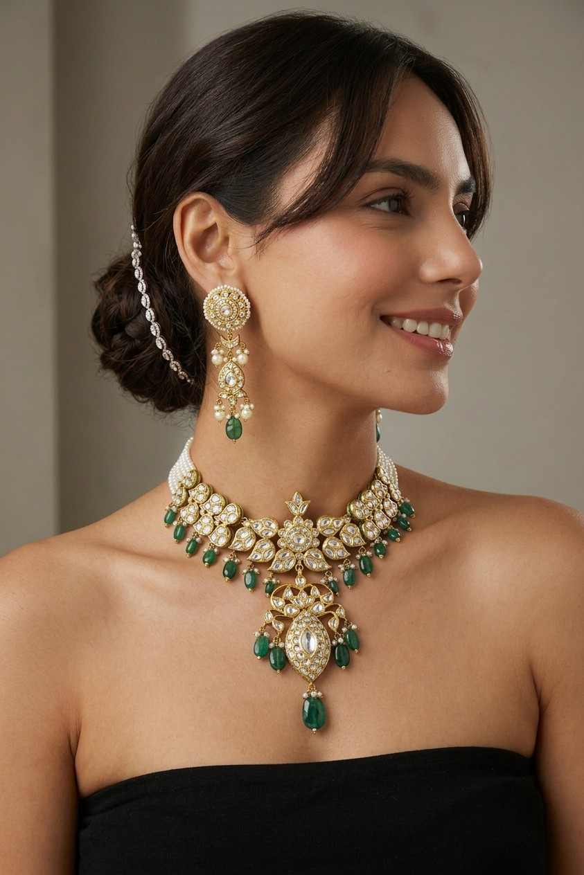 Polki Necklace Set with Emerald Drops and Pearl Strands