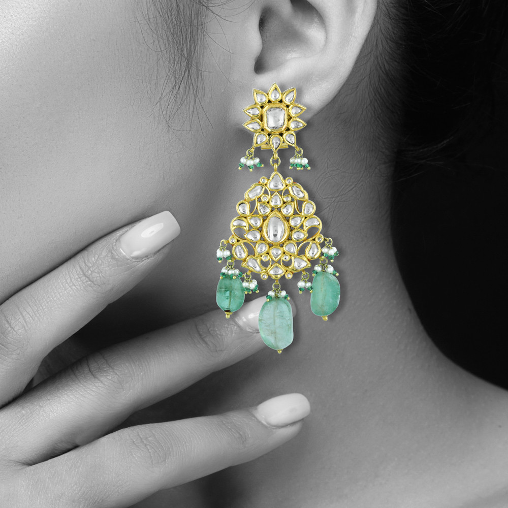 Polki Necklace Set with Gold Detailing and Emerald Drops