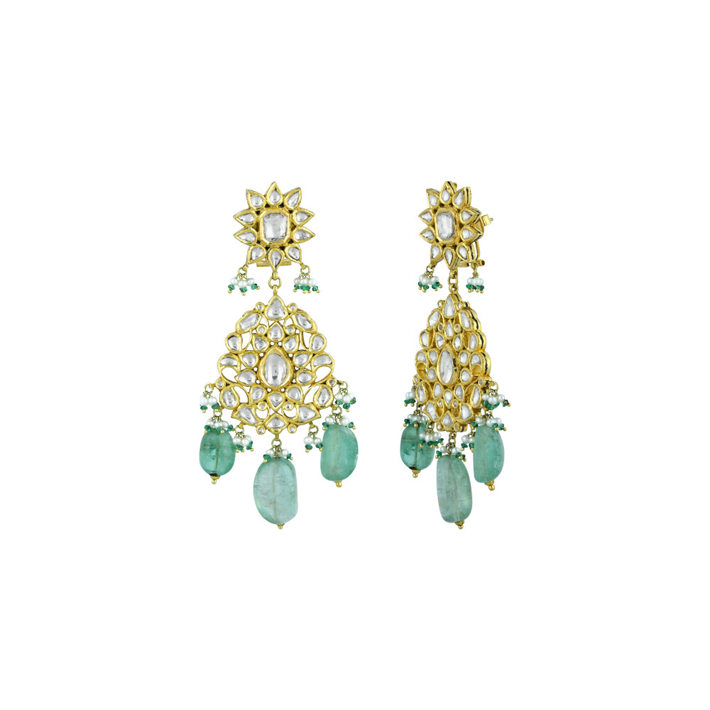 Polki Necklace Set with Gold Detailing and Emerald Drops