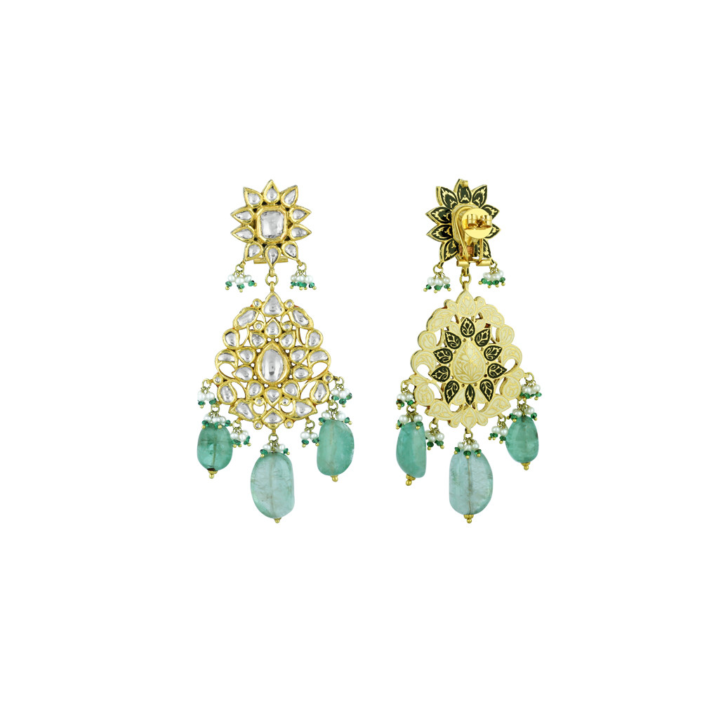 Polki Necklace Set with Gold Detailing and Emerald Drops