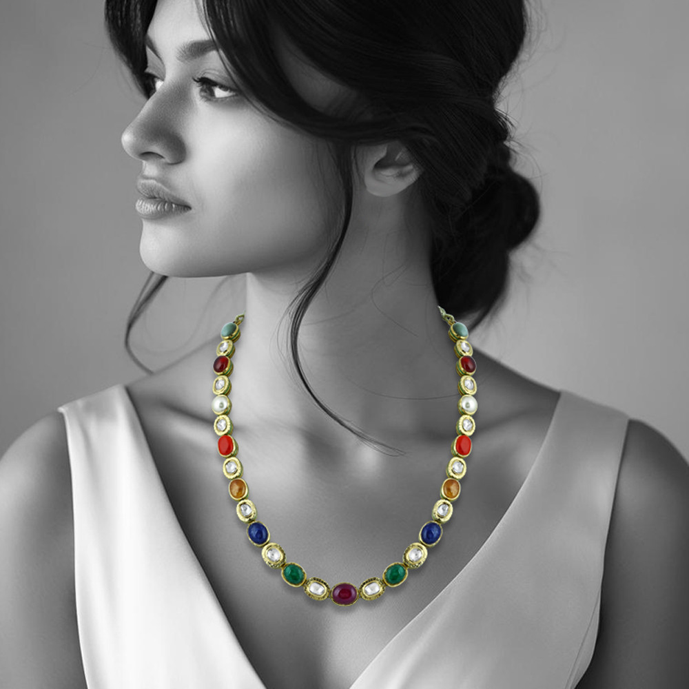 Navaratna Necklace with Polki and Nine Celestial Gemstones