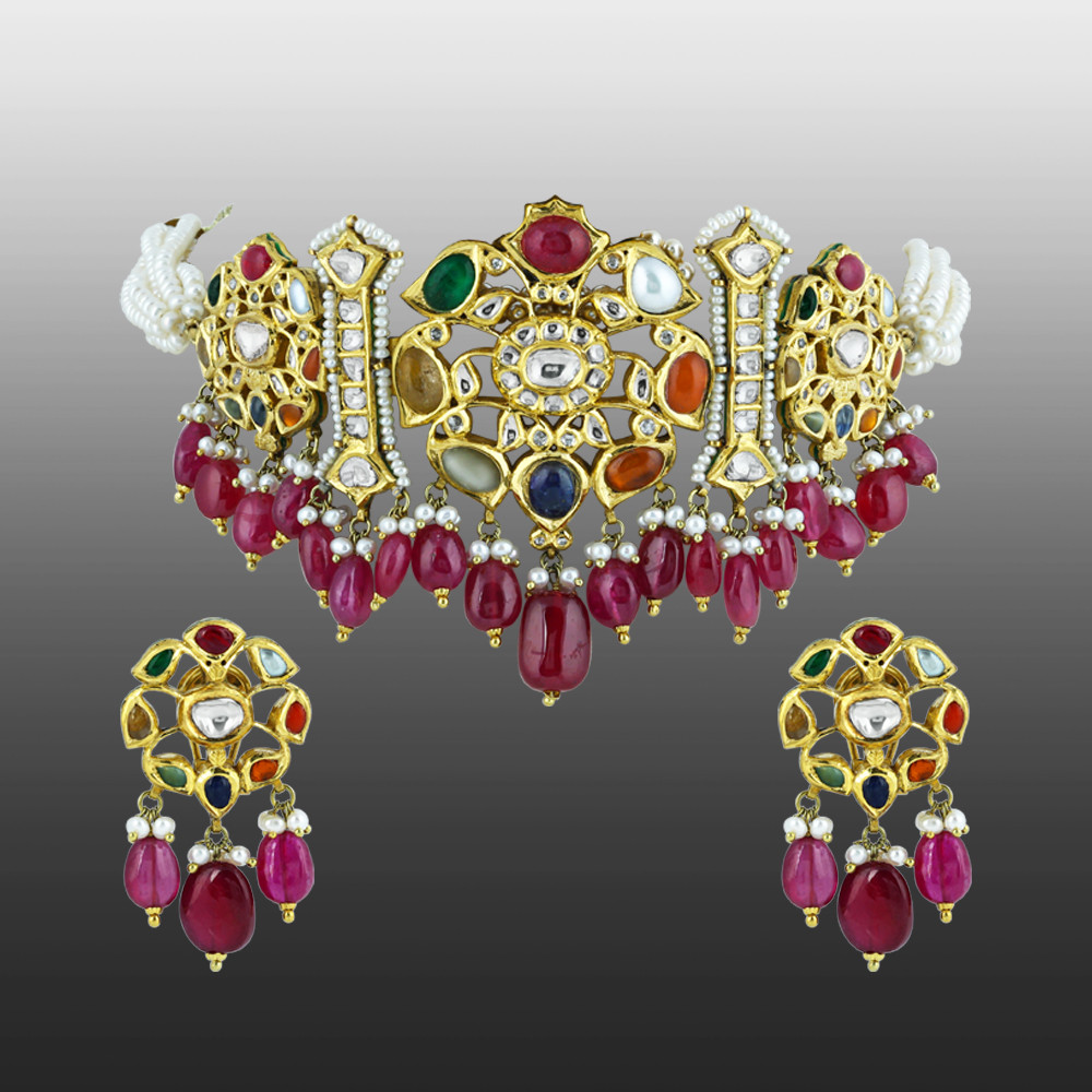 Polki Navaratna Choker Set with Ruby Drops and Detachable Kalangi