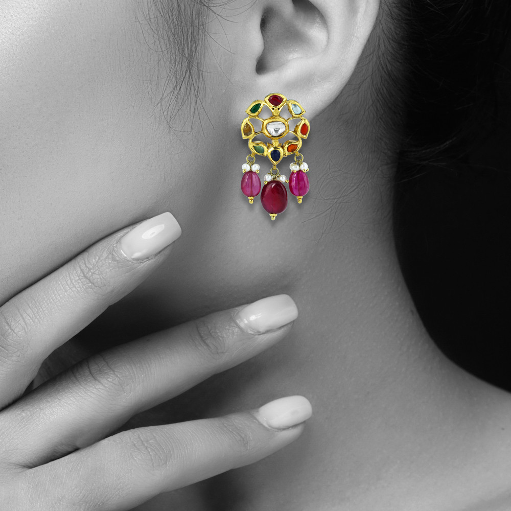 Polki Navaratna Choker Set with Ruby Drops and Detachable Kalangi