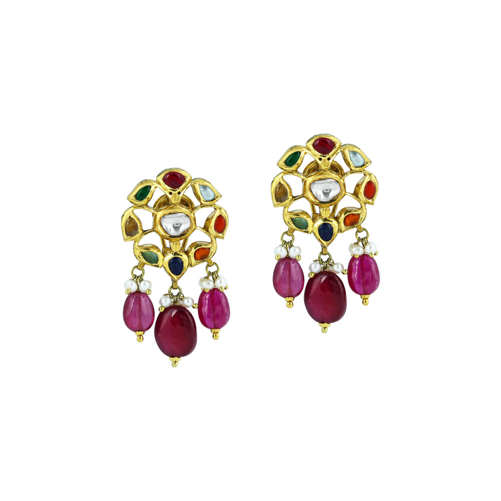 Polki Navaratna Choker Set with Ruby Drops and Detachable Kalangi