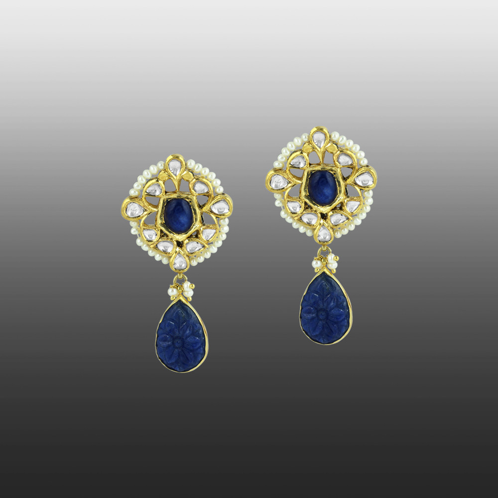 Pearl Strings and Carved Blue Stone Necklace Set with Polki