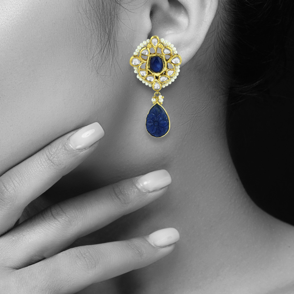 Pearl Strings and Carved Blue Stone Necklace Set with Polki