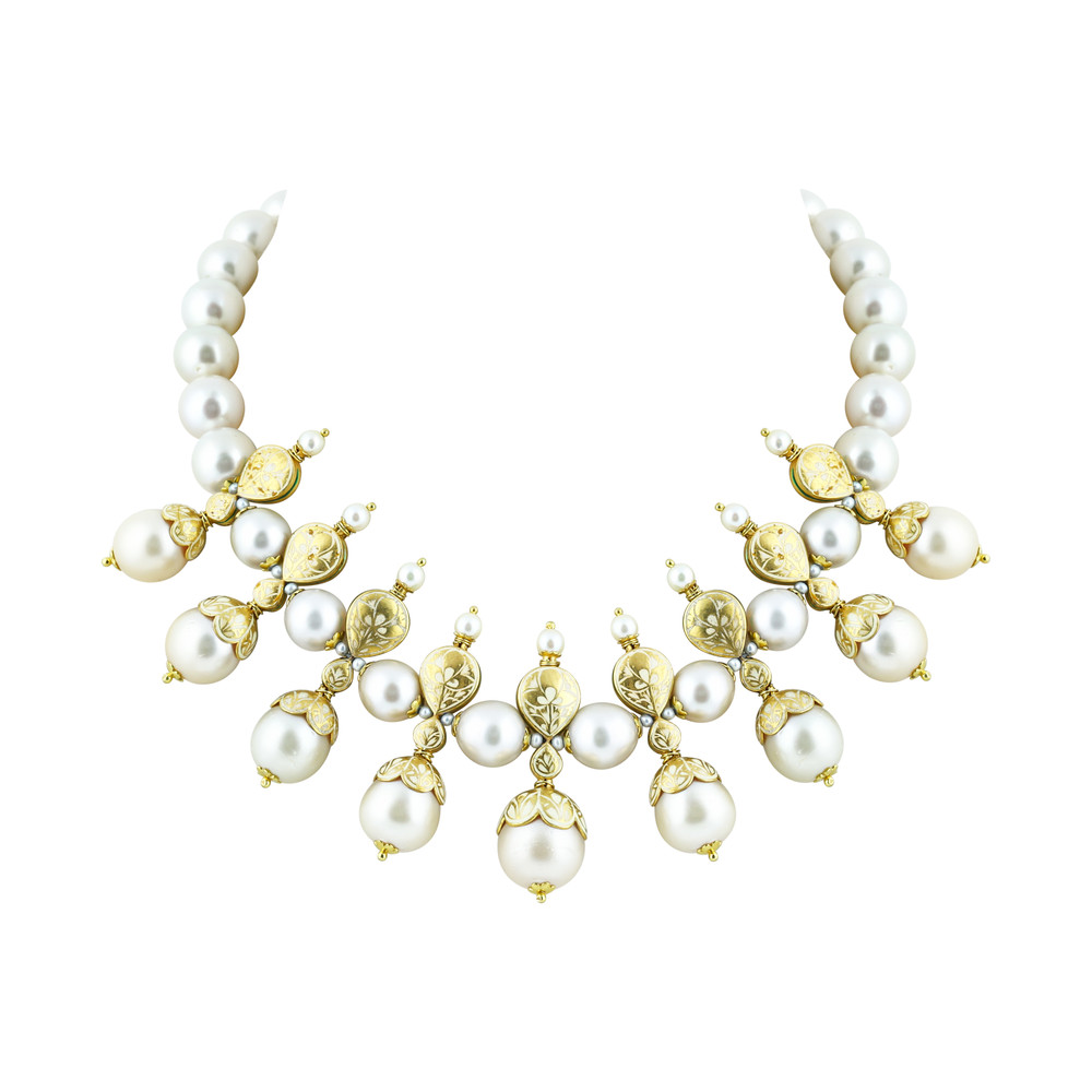 Pearl Necklace Set with Gold Work and Polki Motifs