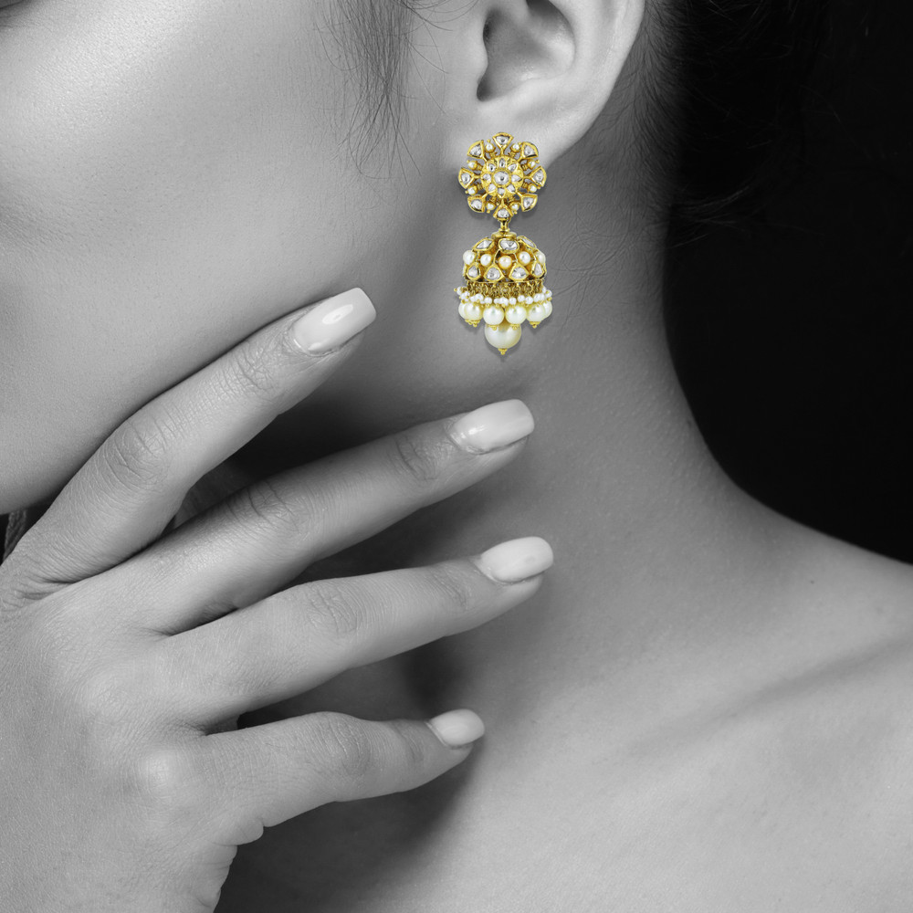Floral Polki Jhumka Earrings with Graceful Pearl Drops
