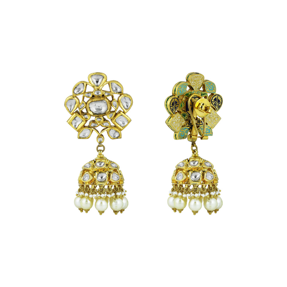 Polki Jhumka Earrings with Floral Design and Pearl Drops