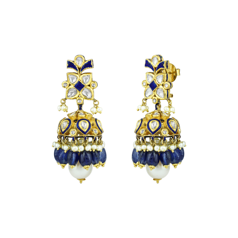 Polki Necklace Set with Blue Sapphire and Pearl Drops