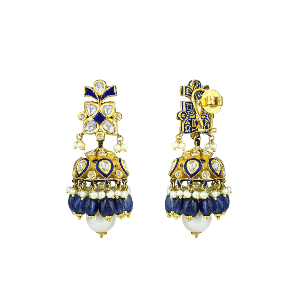 Polki Necklace Set with Blue Sapphire and Pearl Drops