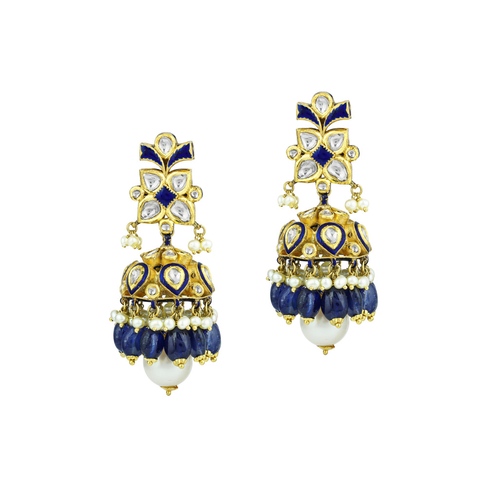 Polki Necklace Set with Blue Sapphire and Pearl Drops