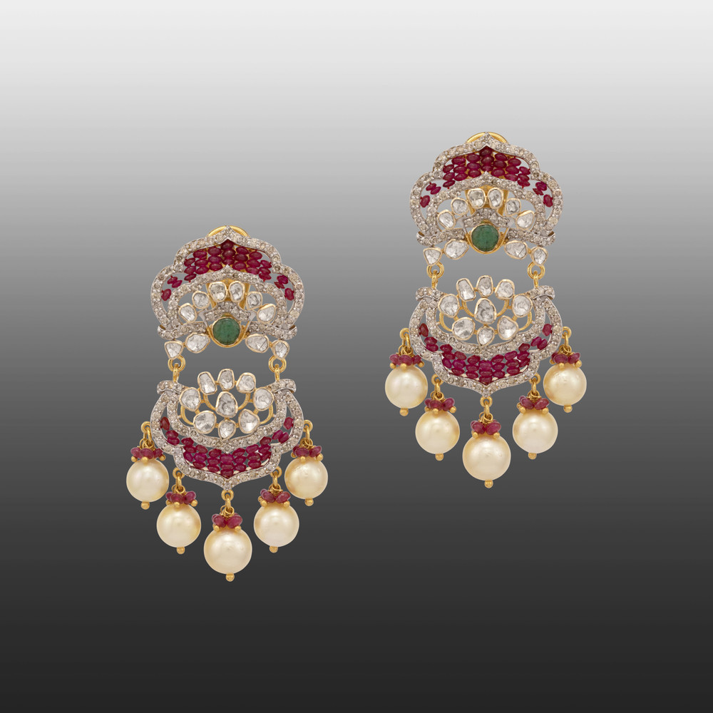 Polki and Ruby Earrings with Emerald and Pearl Drops