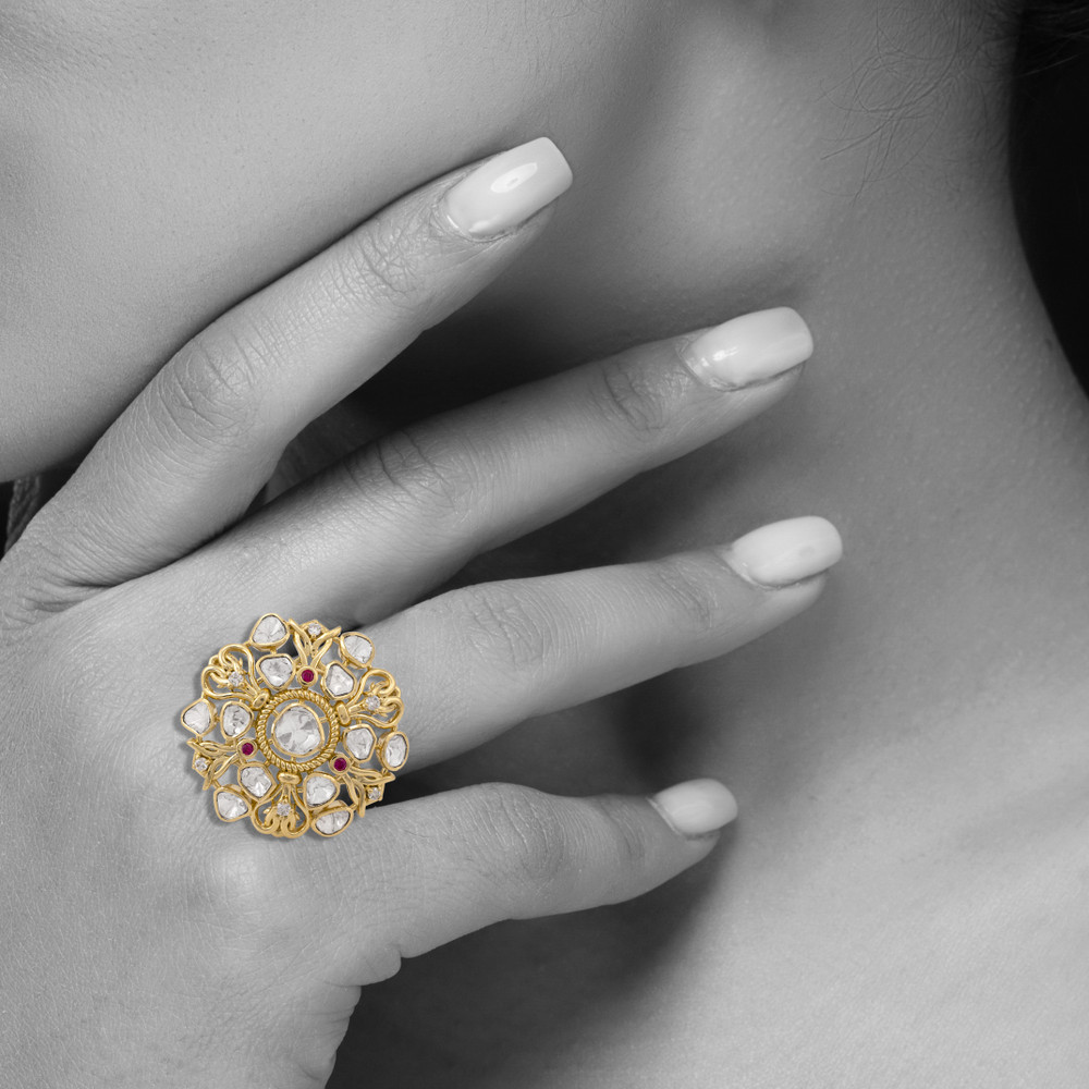 Floral Uncut Diamond Polki Ring with Red Accents