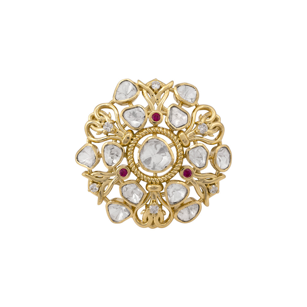 Floral Uncut Diamond Polki Ring with Red Accents
