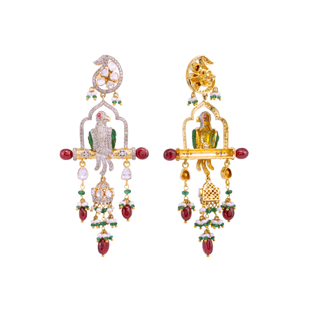 Bird Motif Earrings with Spinel and Emeralds