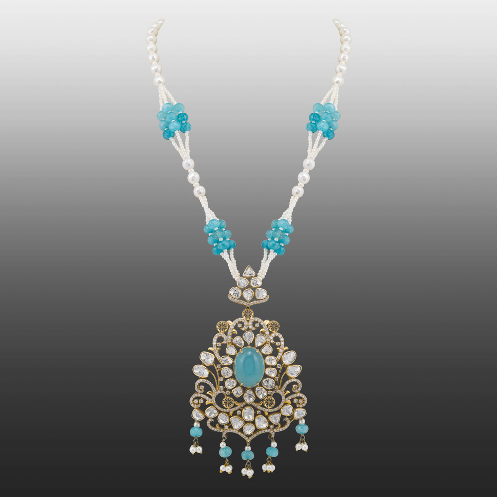 Aqua Pendant Necklace with Pearl and Polki Details