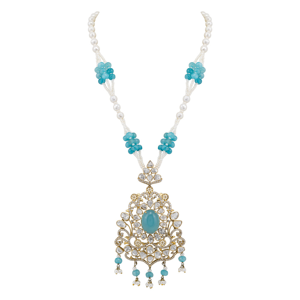 Aqua Pendant Necklace with Pearl and Polki Details