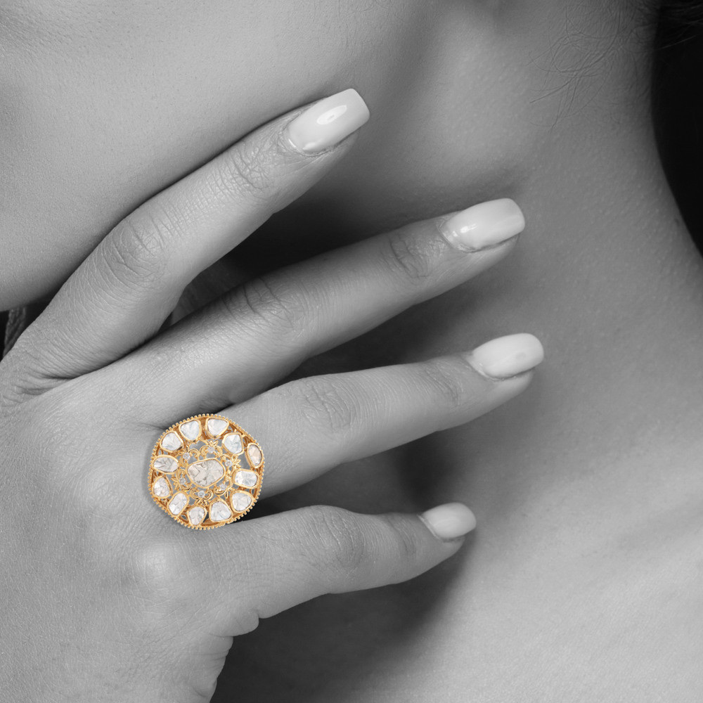 Floral Polki Ring with Intricate Gold Detailing