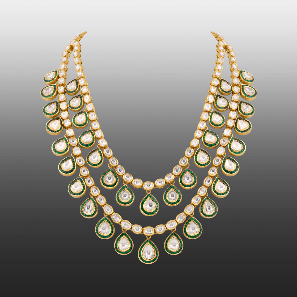 Double-Layered Uncut Diamond Polki Necklace with Green Enamel Border