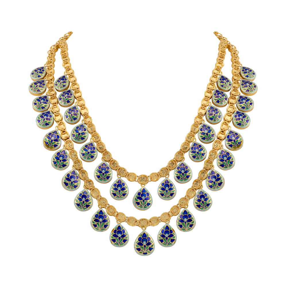 Double-Layered Uncut Diamond Polki Necklace with Green Enamel Border