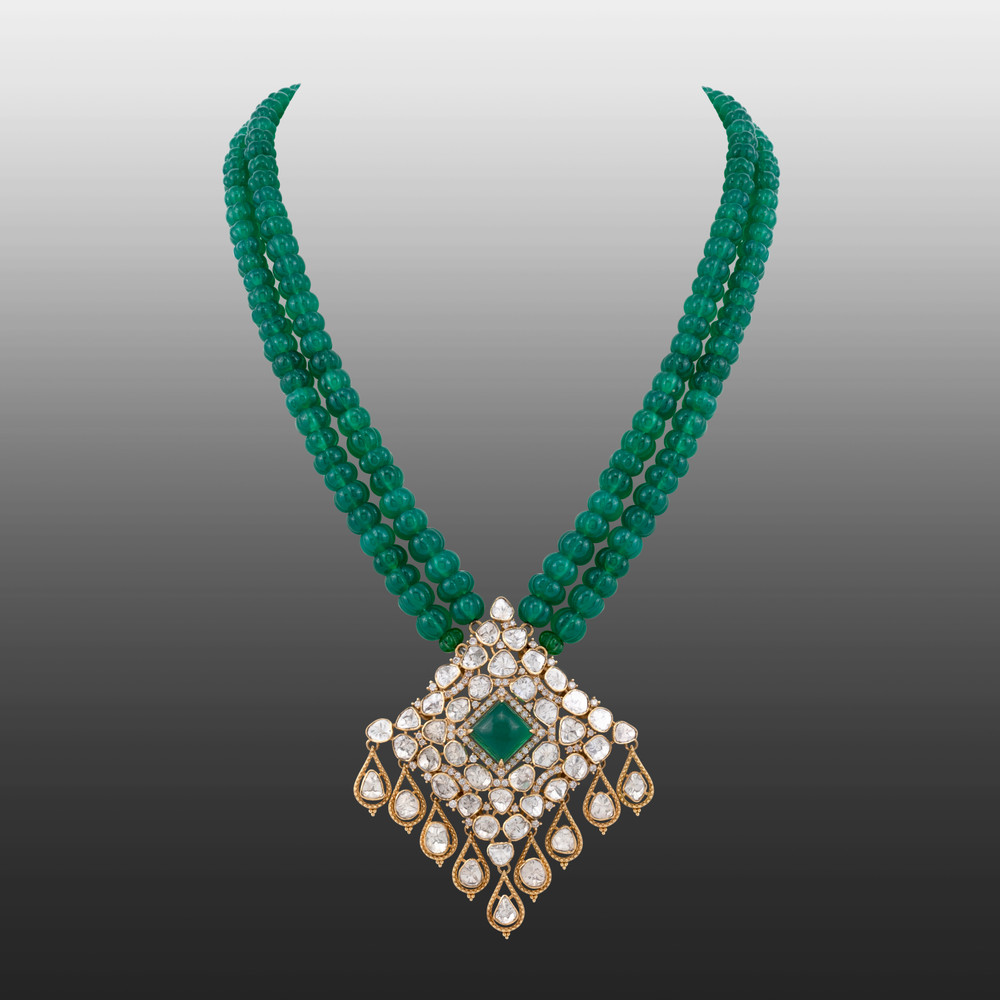 Deep Green Beaded Necklace with Polki Diamond Pendant
