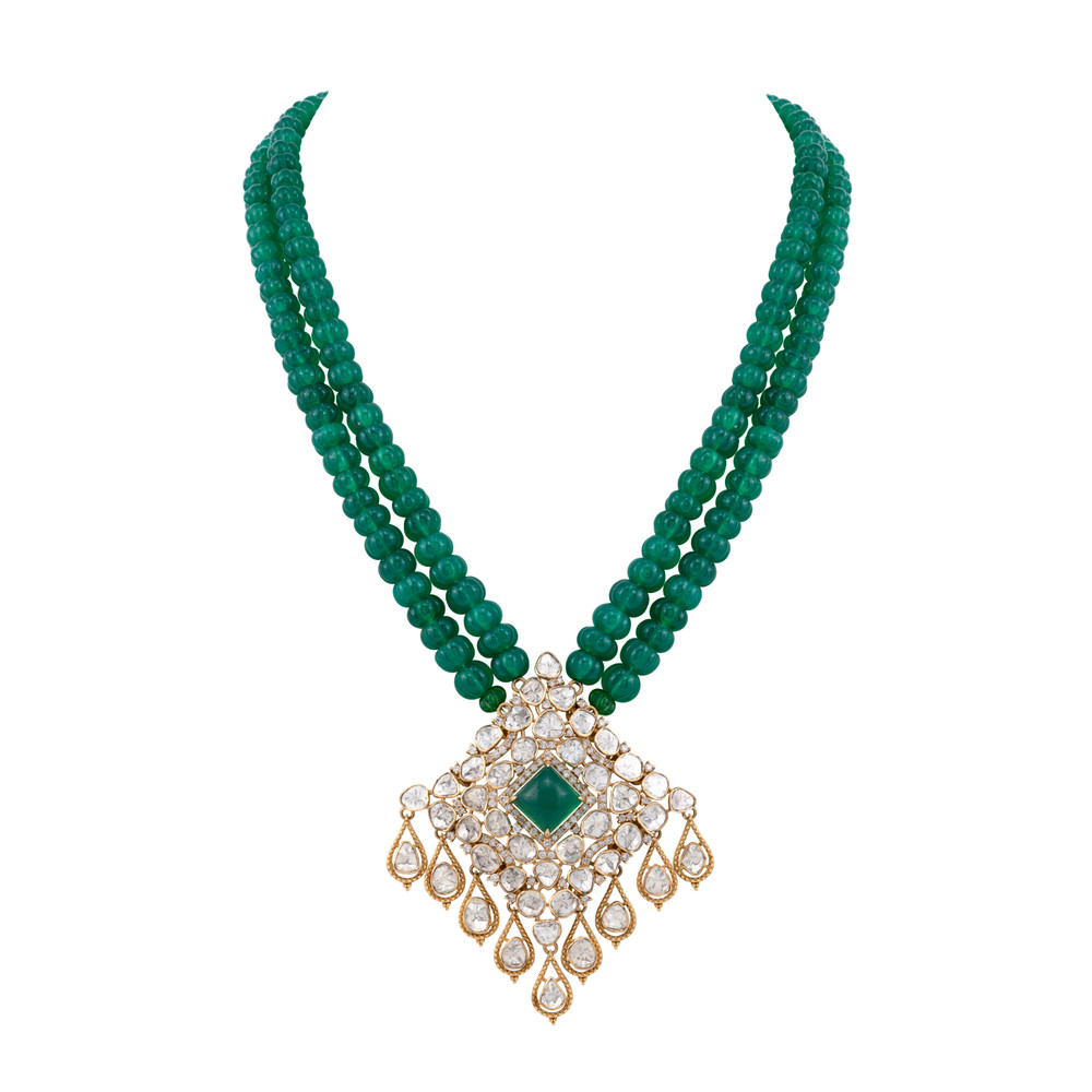 Deep Green Beaded Necklace with Polki Diamond Pendant