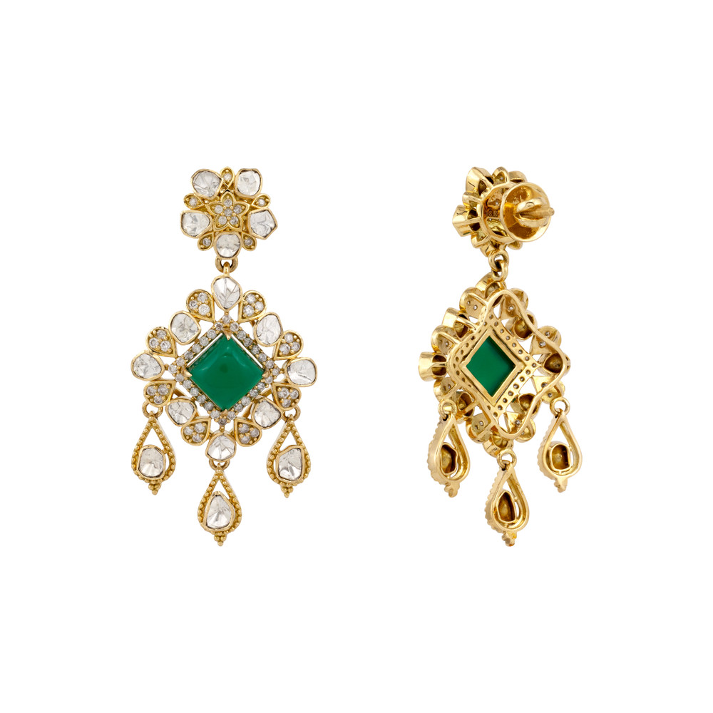 Polki Drop Earrings with Emerald Colour Center Stone